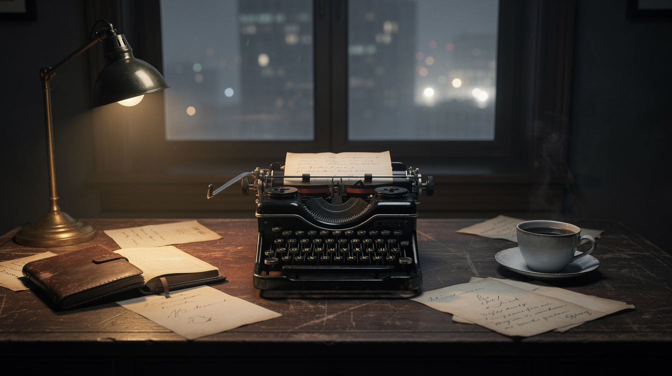 Old wooden writing desk with a typewriter, notebook and dim desk lamp at night