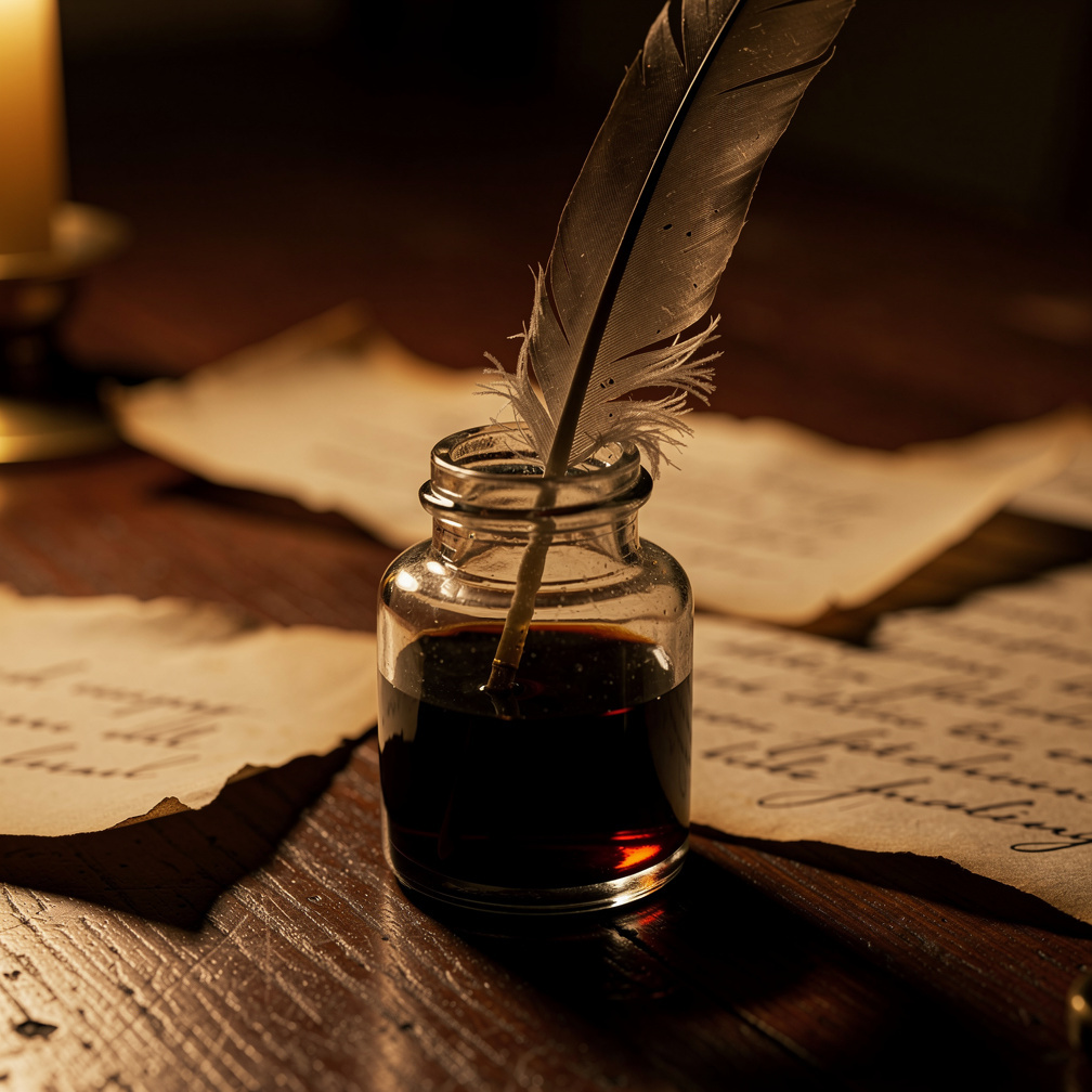 Antique quill pen and inkwell on a wooden desk with scattered papers