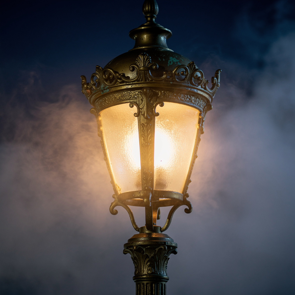 Old brass street lamp glowing in the fog at night