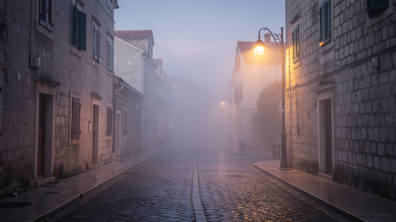 Foggy cobblestone street in an old European town at dusk with a single street lamp