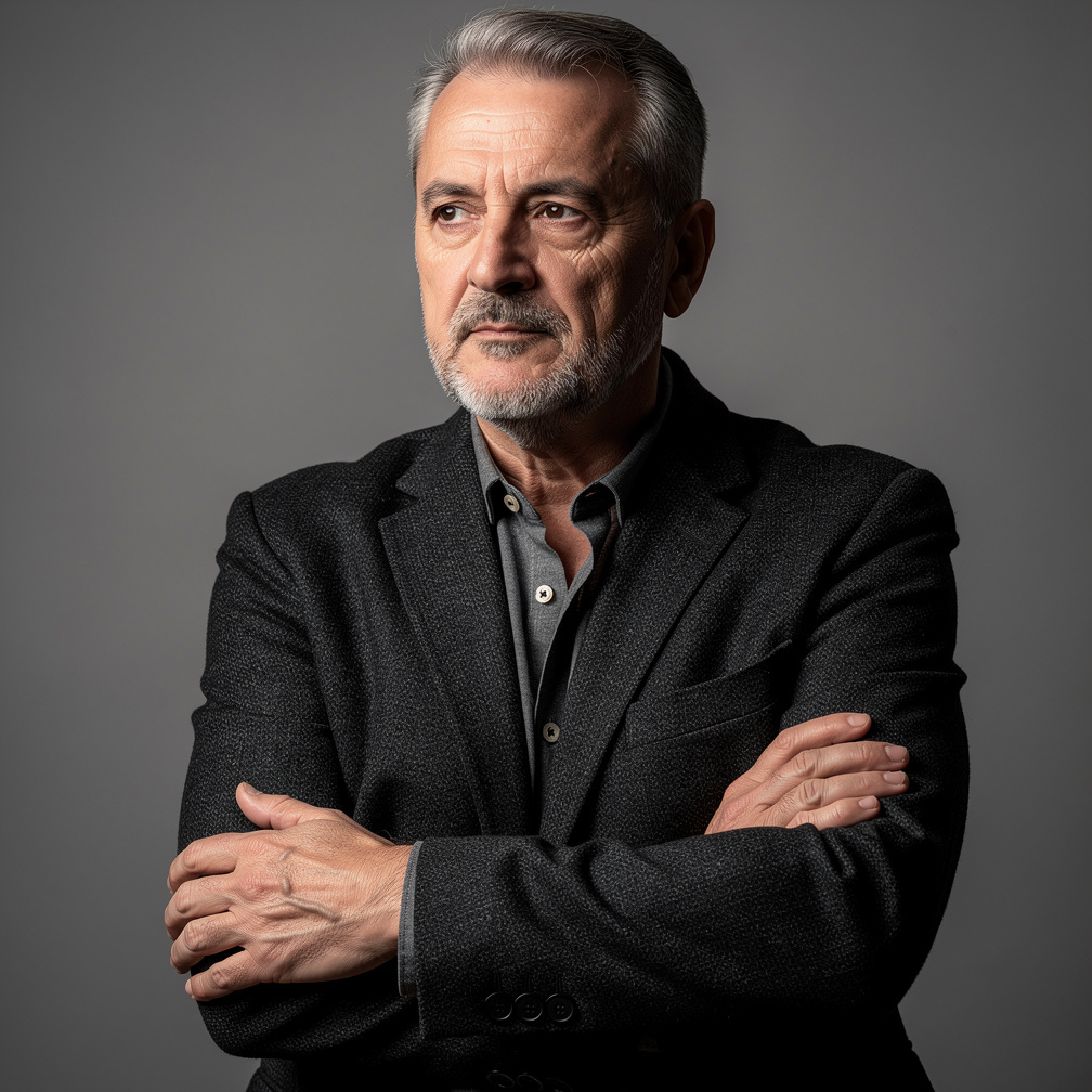 Portrait of a Croatian male mystery novelist in his fifties wearing a dark coat