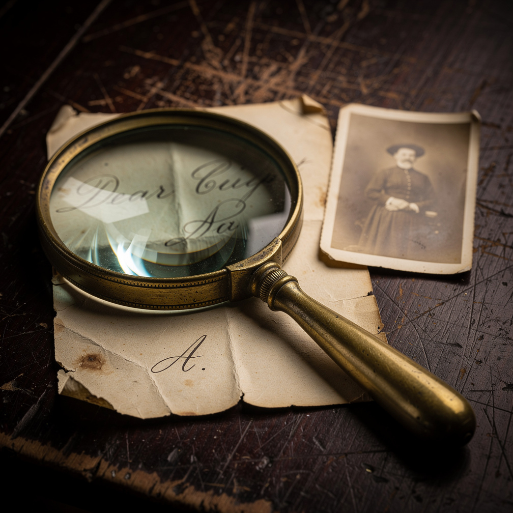 Brass magnifying glass resting on an old handwritten letter
