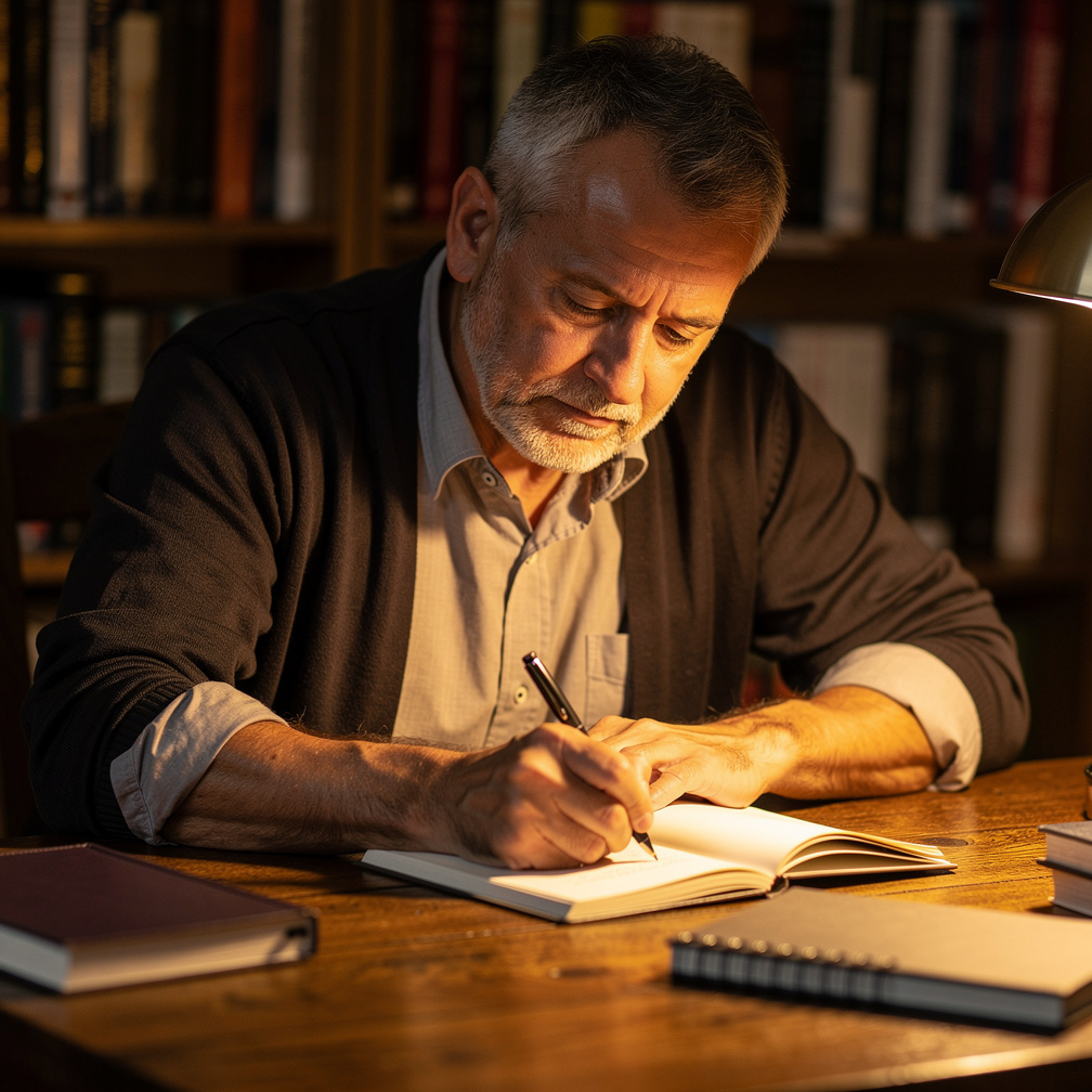 Croatian male novelist writing by hand in a notebook at a wooden desk