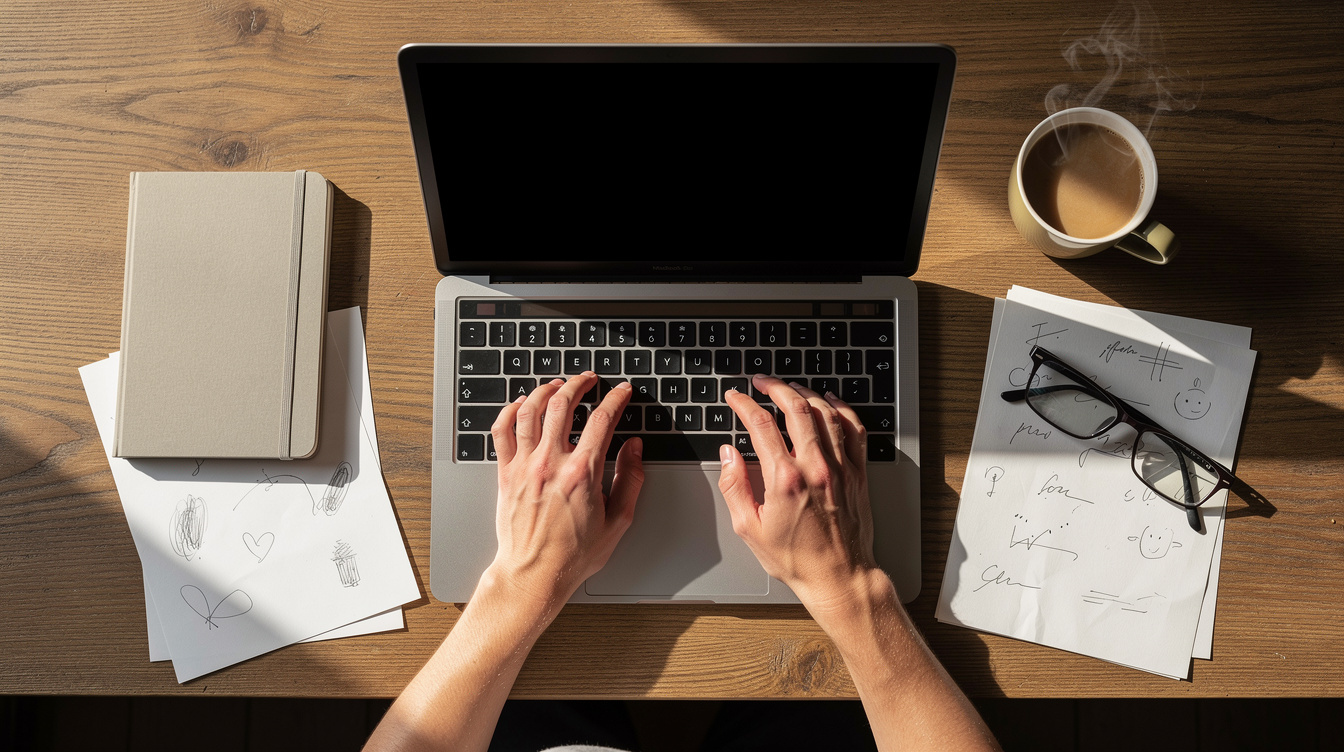 Writer's hands typing on a laptop next to handwritten notes and coffee