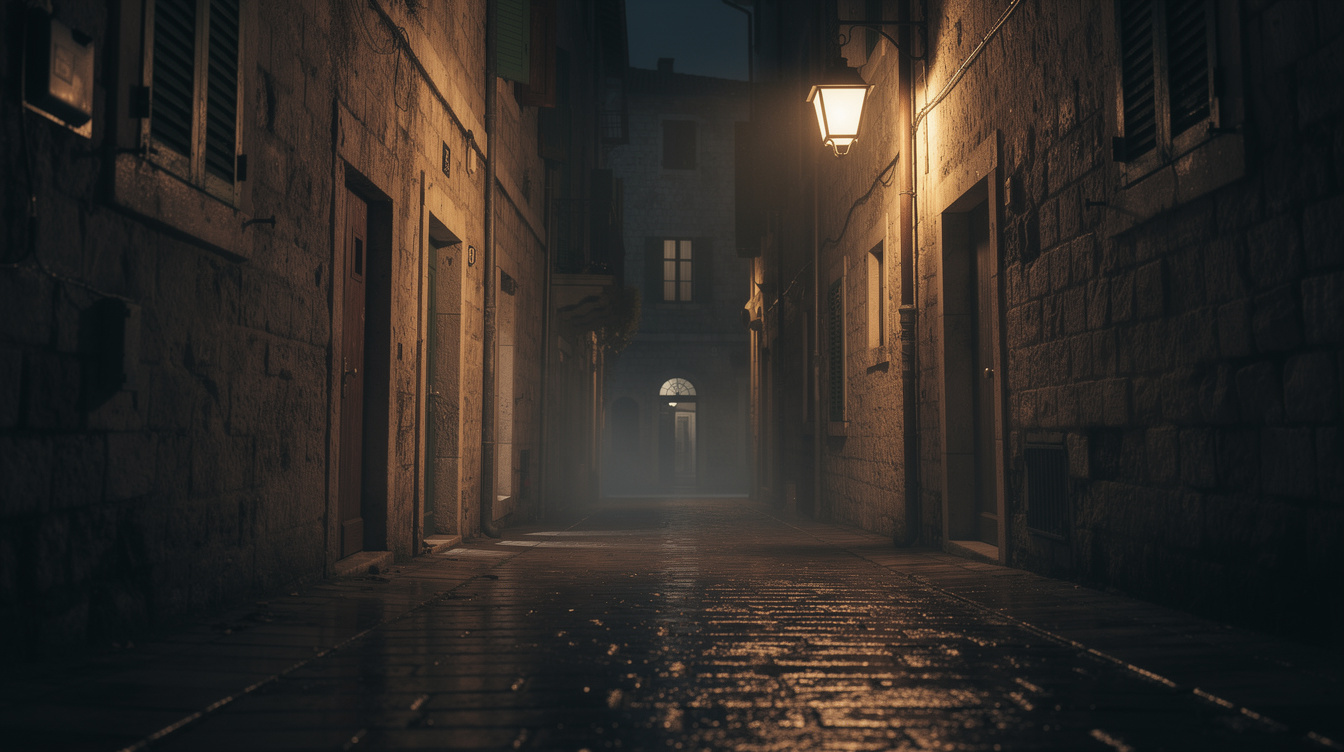 Narrow stone alley between old buildings lit by a single lantern at night