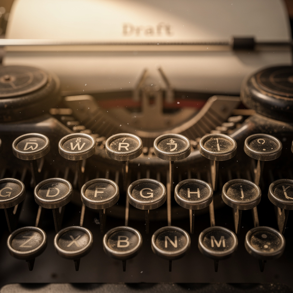 Close-up of vintage typewriter keys and a sheet of paper